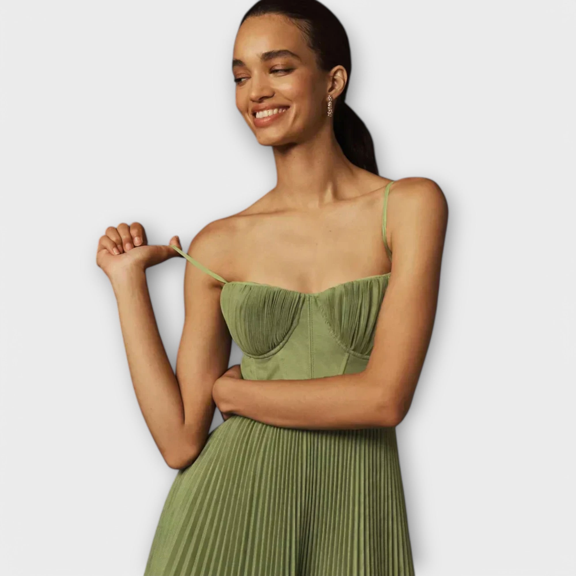 Plisowana Midi Sukienka z Tiulowym Gorsetem