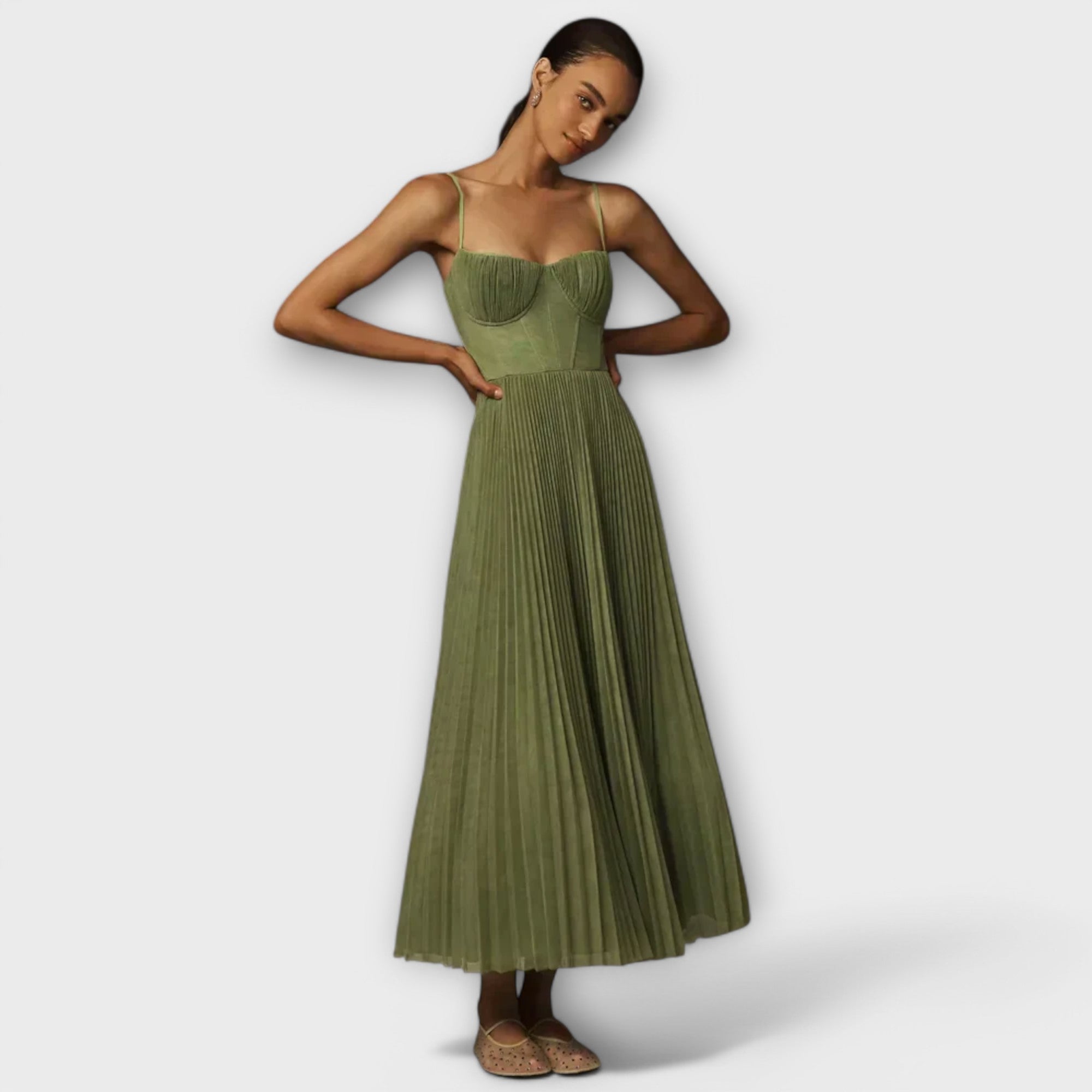 Plisowana Midi Sukienka z Tiulowym Gorsetem