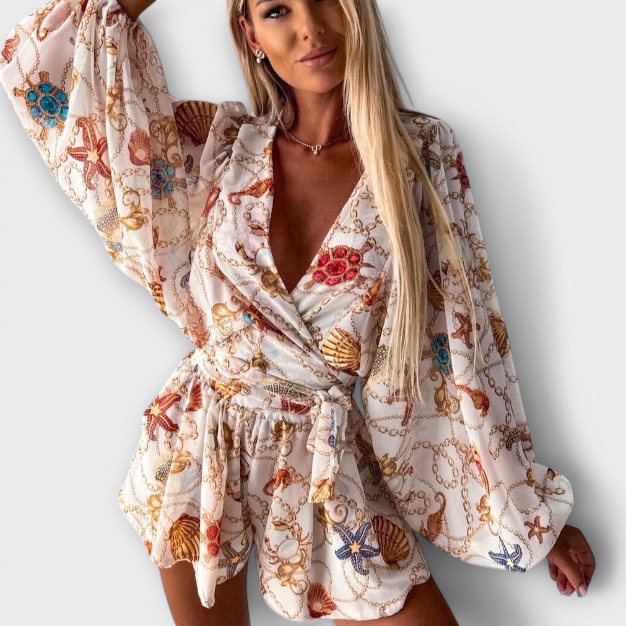 Kopertowy komplet z paskiem i długim rękawem