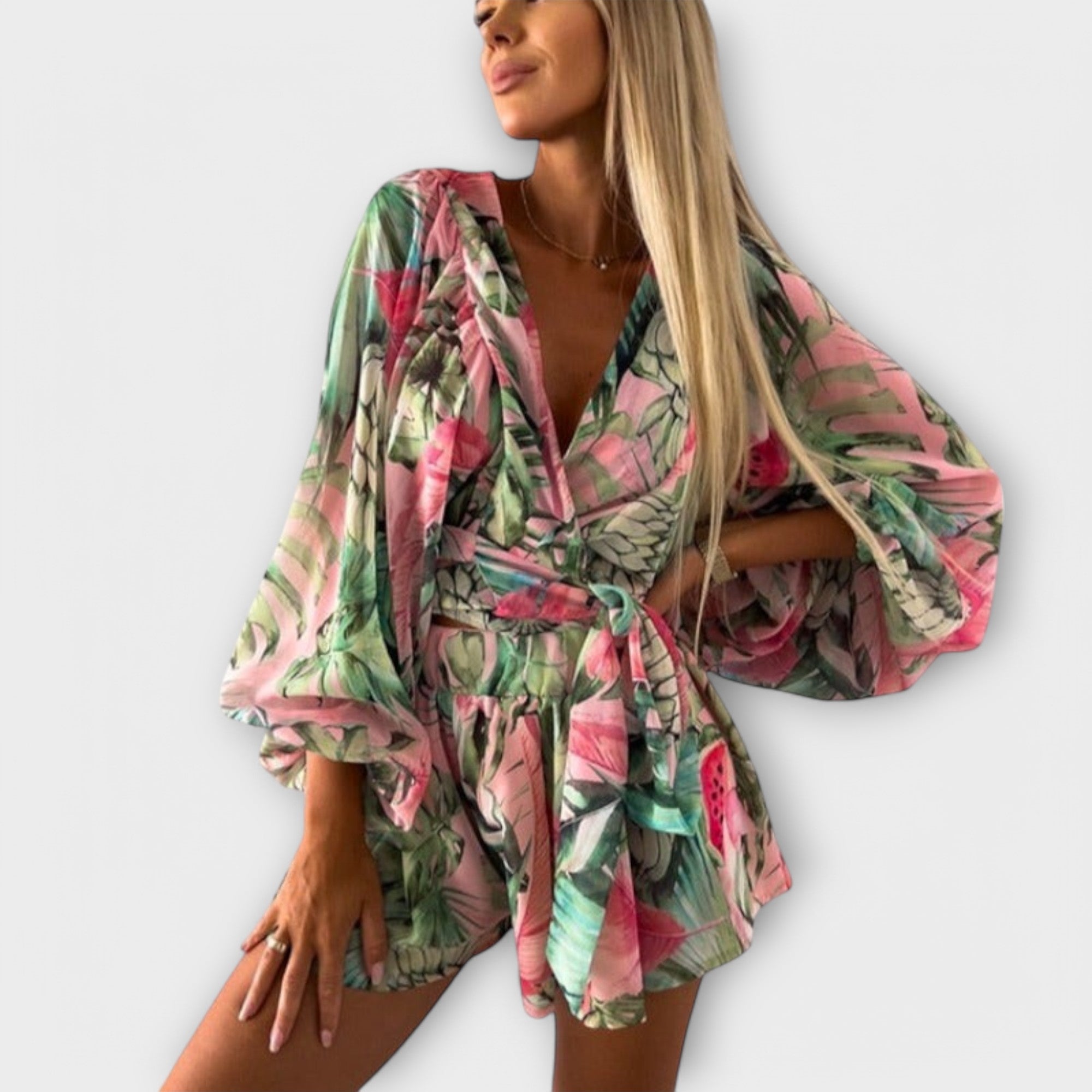 Kopertowy komplet z paskiem i długim rękawem