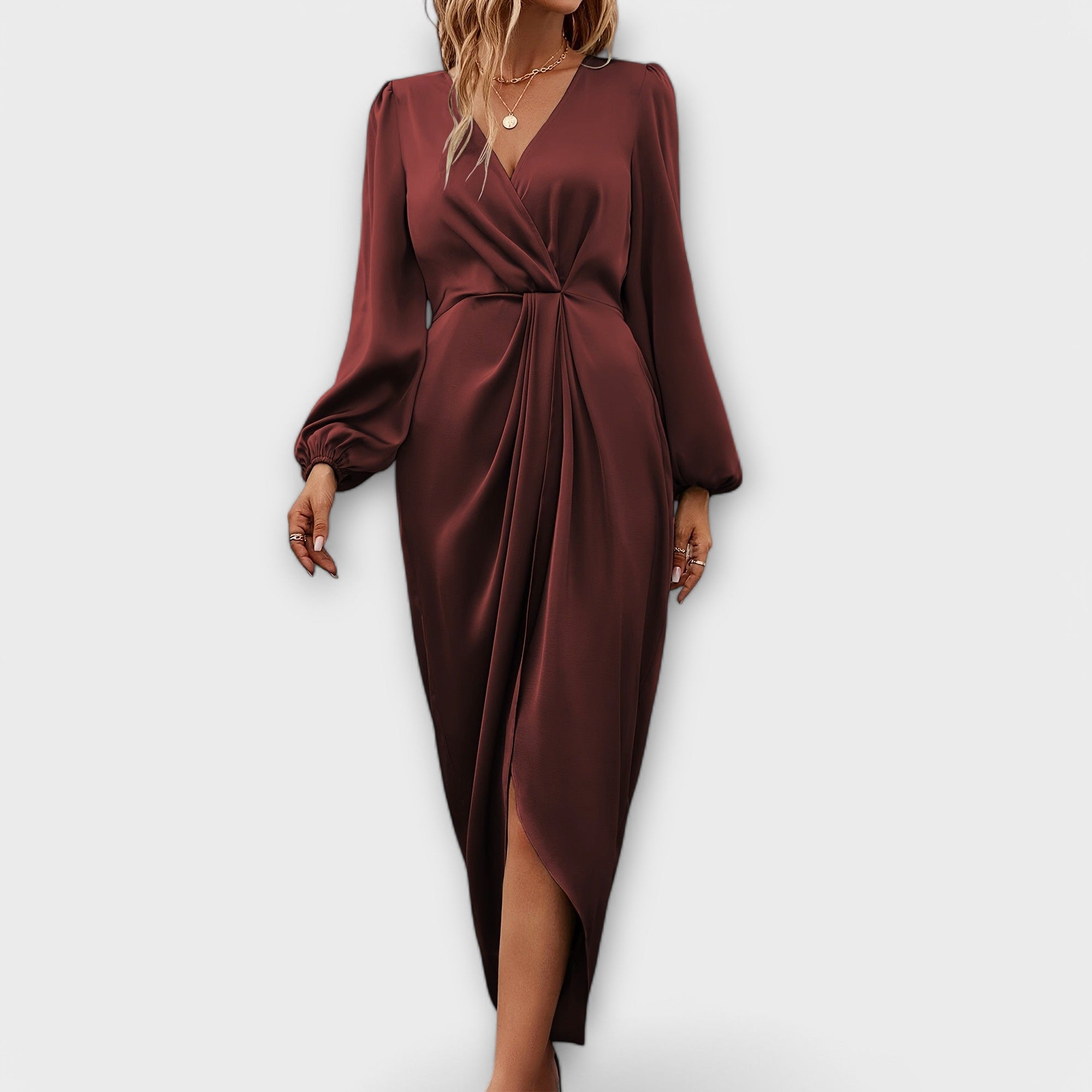 Sukienka Formalna z Wiązaniem w Talii i Dekoltem W w Stylu Surplice