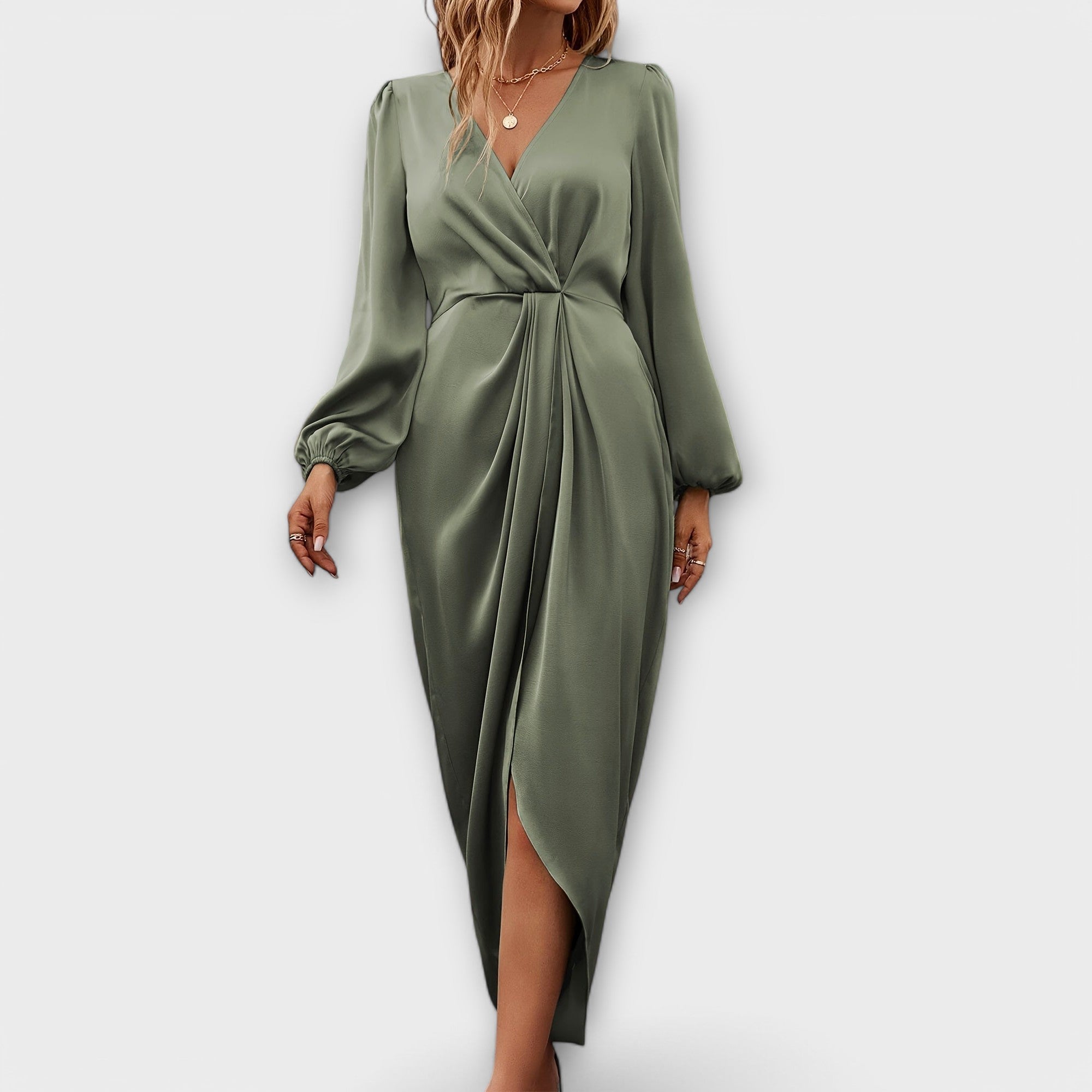 Sukienka Formalna z Wiązaniem w Talii i Dekoltem W w Stylu Surplice