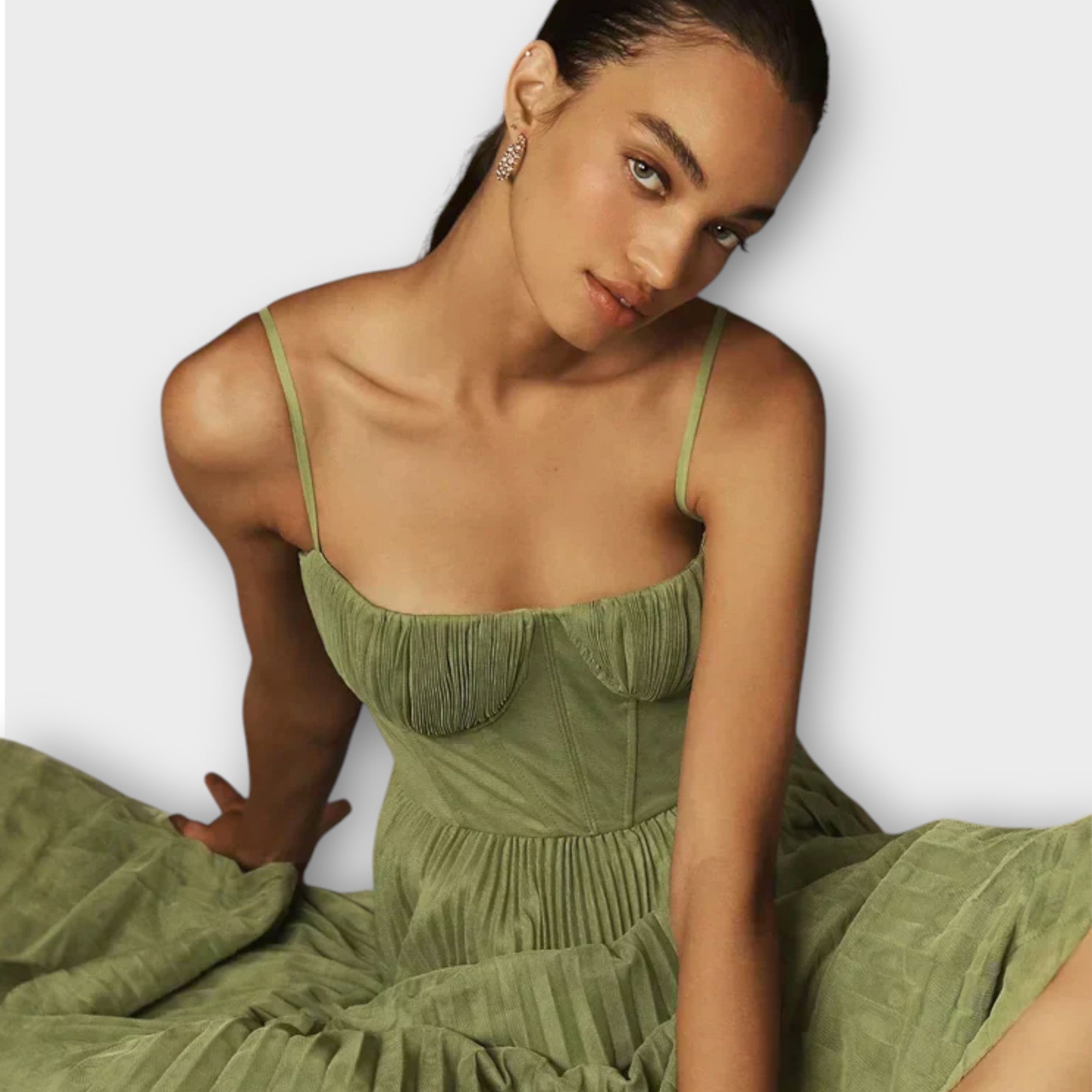 Plisowana Midi Sukienka z Tiulowym Gorsetem