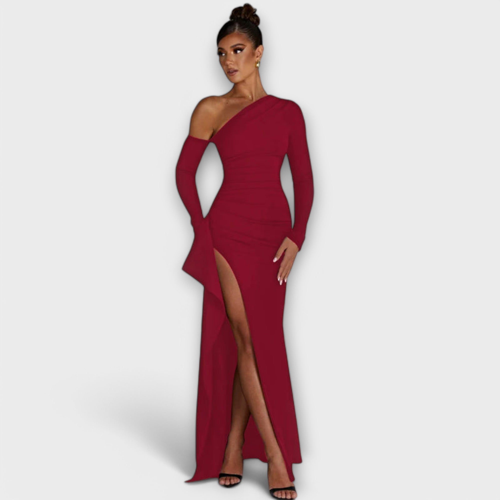 Sukienka maxi asymetryczna z dużym rozcięciem