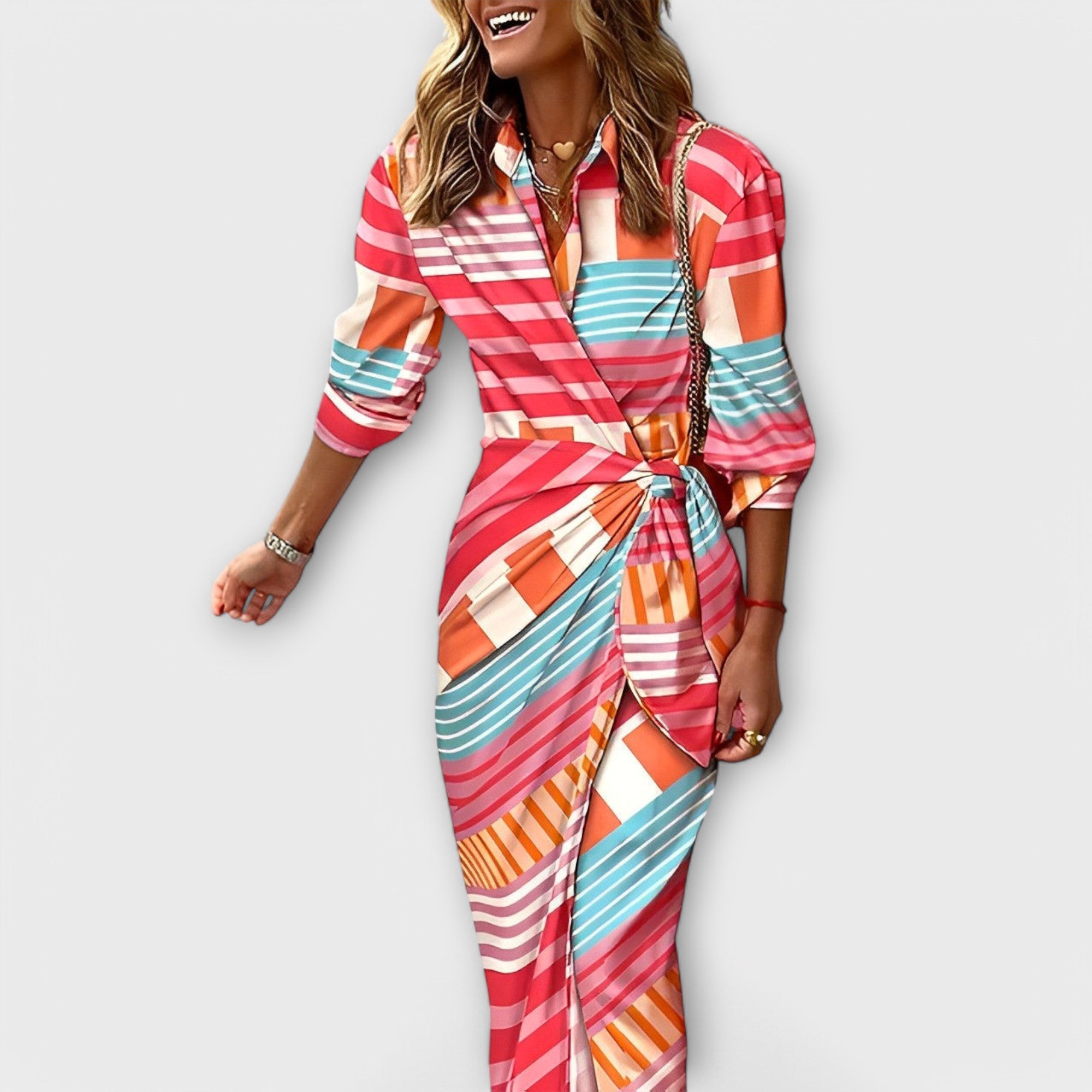 Stylowa Midi Sukienka z Kołnierzykiem