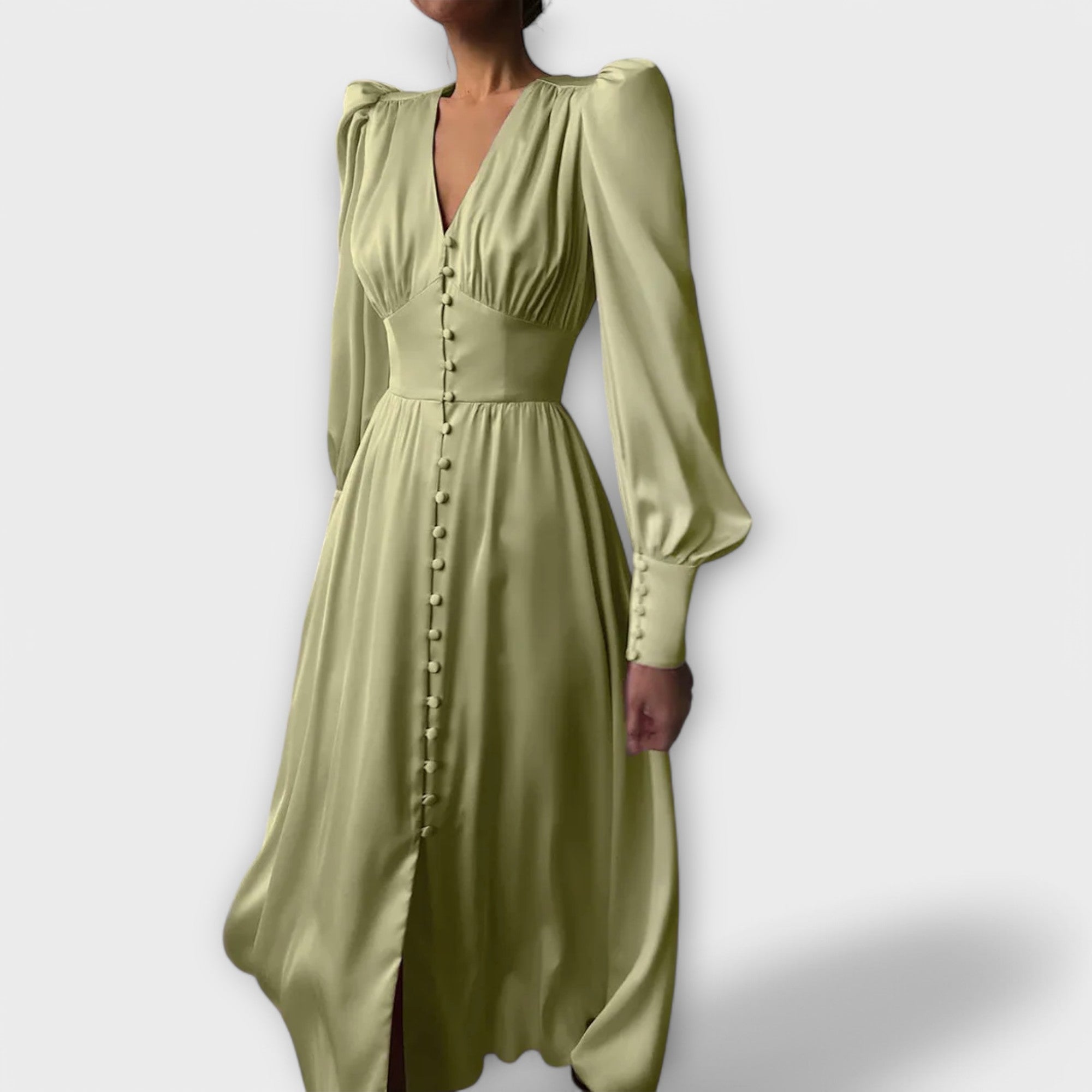 Długa satynowa sukienka z bufiastymi rękawami