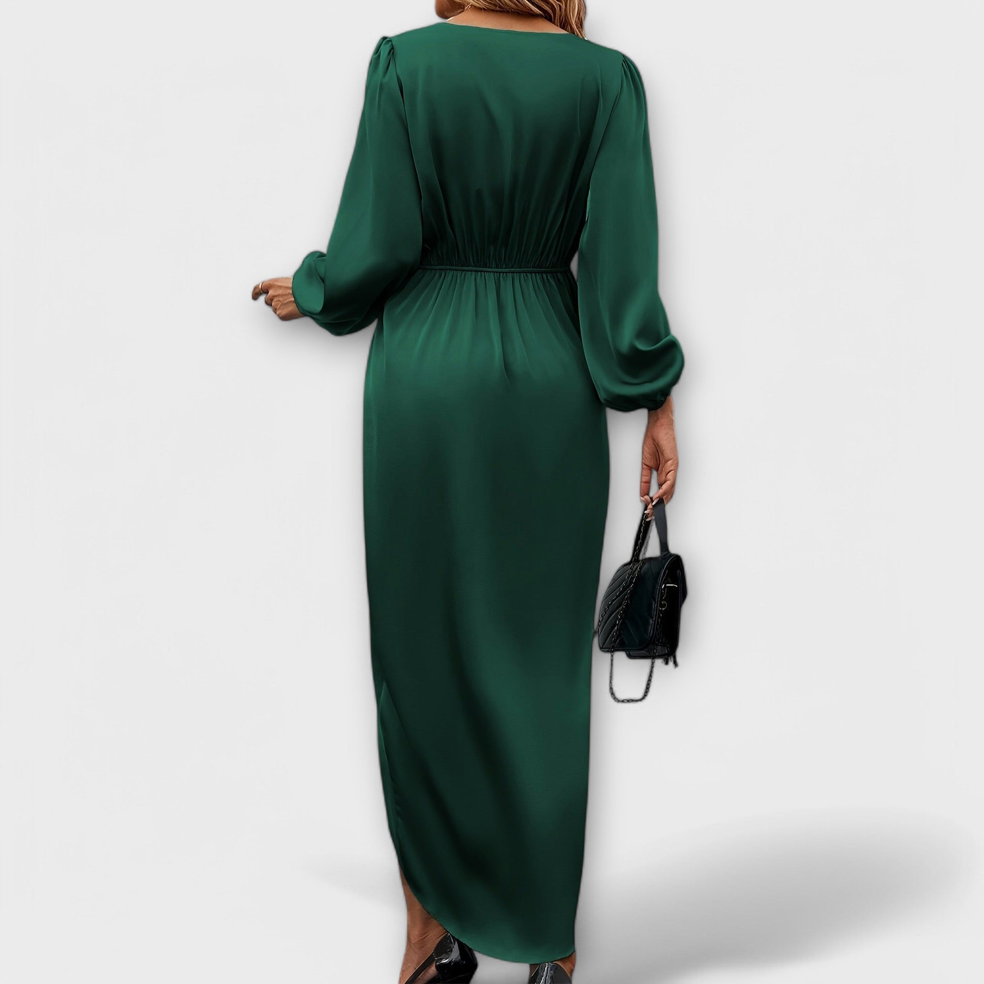 Sukienka Formalna z Wiązaniem w Talii i Dekoltem W w Stylu Surplice