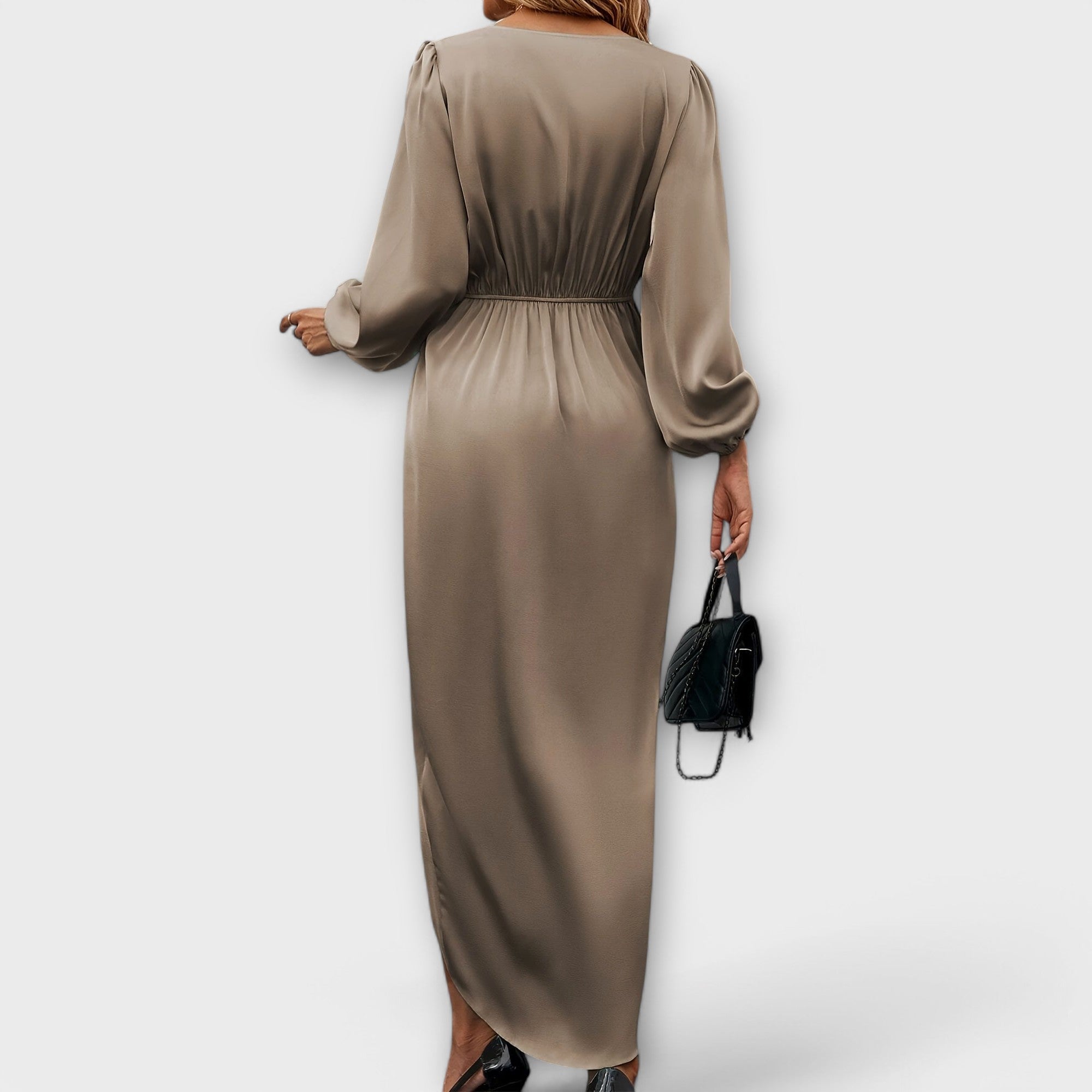 Sukienka Formalna z Wiązaniem w Talii i Dekoltem W w Stylu Surplice