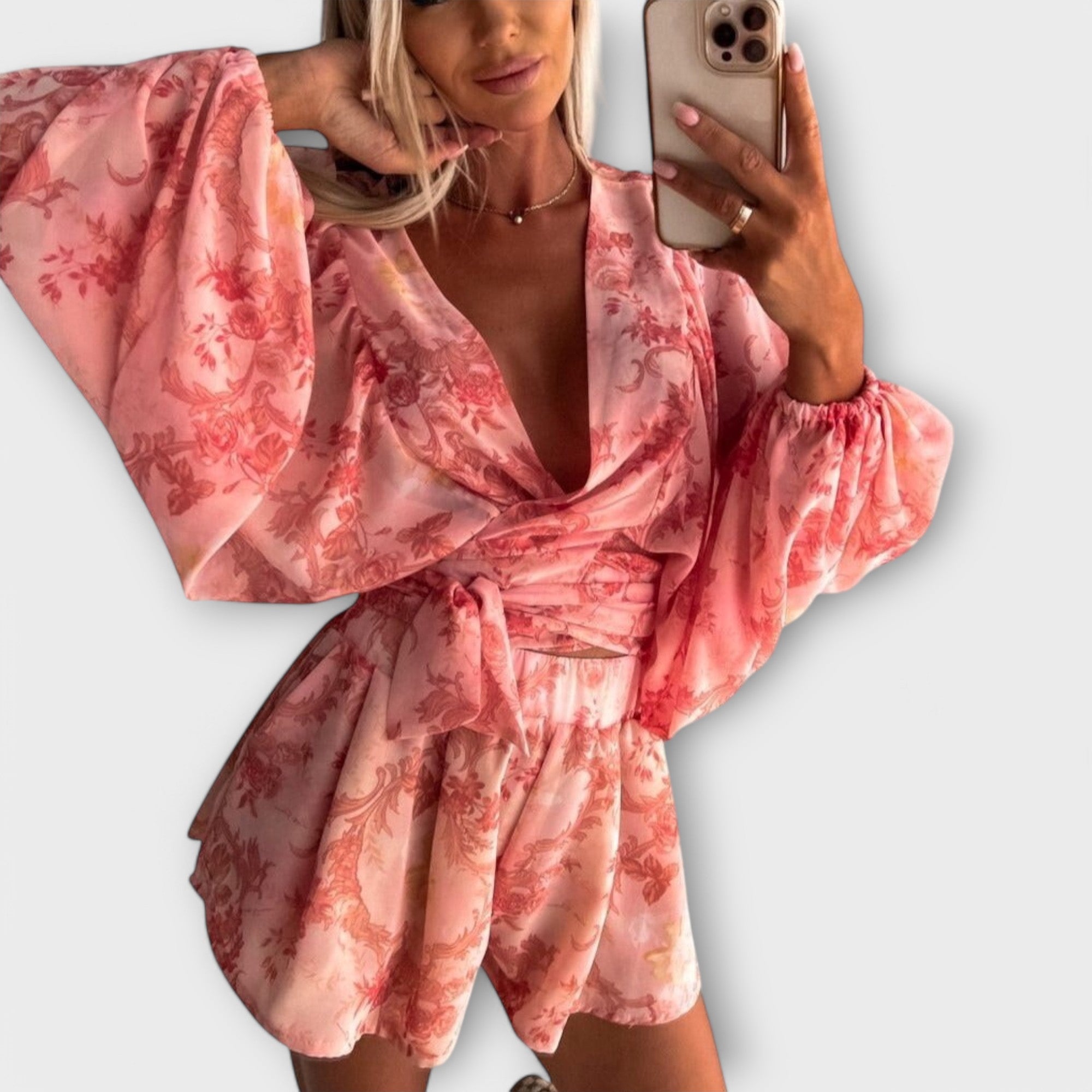 Kopertowy komplet z paskiem i długim rękawem